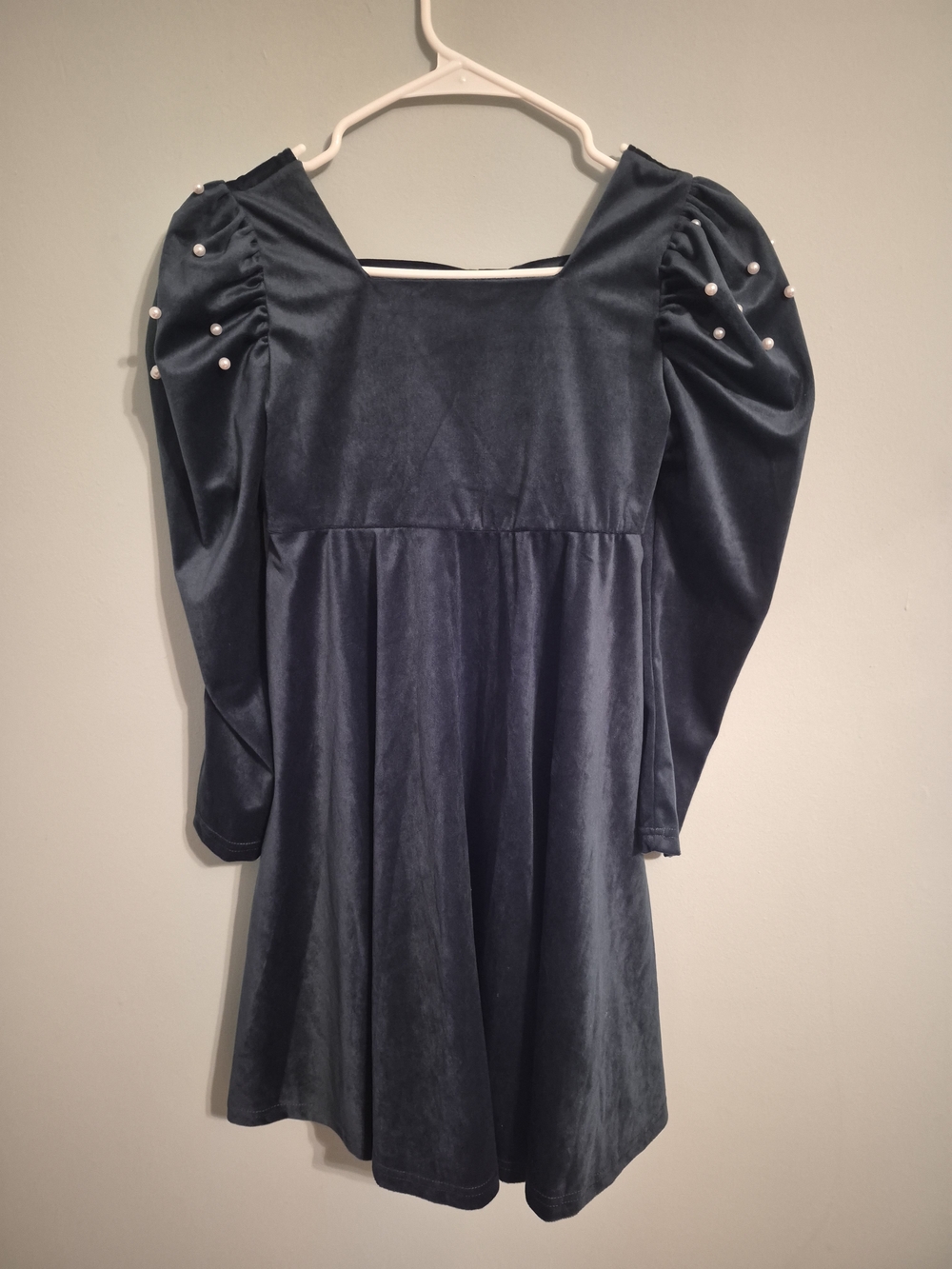 SHEIN Navy Velvet Dress with Pearl Puff Sleeves